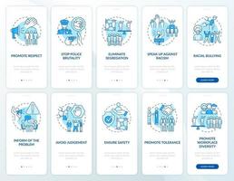 Kampf gegen Rassenintoleranz beim Onboarding von mobilen App-Seitenbildschirmen. Unterstützung der Gleichstellung Walkthrough 5 Schritte grafische Anweisungen mit Konzepten. ui, ux, gui-Vektorvorlage mit linearen Farbillustrationen vektor