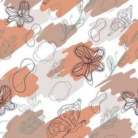 minimal abstrakt väggmålning. linje konst sömlösa mönster med konturer av fjärilar, blommor, löv och amoeba. upprepa bakgrund med jordneutrala färger. modestruktur med kreativa vektorer
