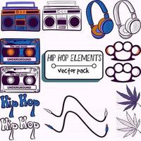 Pack mit Hiphop-, Techno- und Dance-Elementen. Sammlung mit Kassette, Radio, Kopfhörer, Schlagring, Marihuana, Kabel und Hip-Hop-Text. Vintage- und Retro-Gadgets und Musikgeräte. vektor