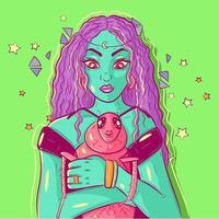 surreale und psychedelische Illustration einer Frau, die eine Kakerlake in ihren Armen hält. himmlisches Wesen mit grüner Haut, das ihr Haustier umarmt. ungewöhnliche einzigartige Kunst eines außerirdischen Mädchens und eines entzückenden Insekts vektor