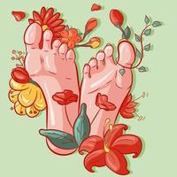 Vektorgrafik von weiblichen Fußsohlen um Blumen, Blätter und exotische Vegetation. barfüßige frau mit tropischen pflanzen um ihre beine. Konzeptkunst mit Pastellfarben.