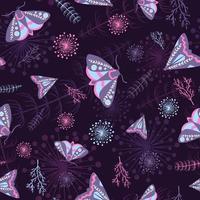 malar och växter sömlösa mönster med ockult och bohemiskt tema och rosa blå färger. upprepa bakgrund med nattfjärilar och trädgårdsliv. boho konsistens med kosmos galax palett vektor