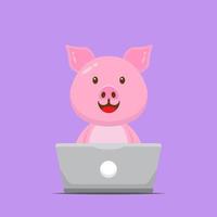söt gris som arbetar med bärbar dator vektor