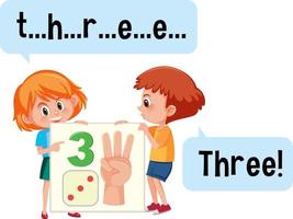 Zeichentrickfigur von zwei Kindern, die die Nummer drei buchstabieren vektor