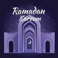 mystiker starry natt i ramadan, ingång till de moské Port. violett. en symbol av de islamic tro. hälsning kort. vektor illustration