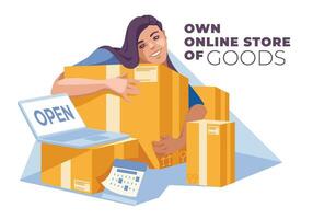 Mädchen mit Kisten von Waren. online speichern, Einkaufen und Lieferung Konzept. besitzen Geschäft. Vektor eben Illustration.