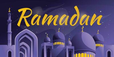 Ramadan Karte Design. lila sternenklar Nacht. islamisch Vertrauen Magie Moschee mit Minarette. Vektor Illustration.