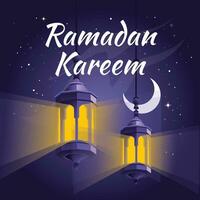 traditionell Arabisch Laternen auf das Hintergrund von das Neu Mond. Ramadan Gruß Karte. islamisch Symbol. lila sternenklar Nacht. Vektor Illustration