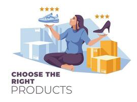 ein Frau sitzt zwischen Kisten und wählt Produkte zum ihr besitzen online speichern. E-Commerce Geschäft Konzept. Vektor eben Illustration