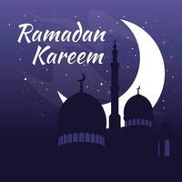 das Silhouette von das Moschee gegen das Hintergrund von das Neu Mond. feiern Ramadan. islamisch Urlaub sternenklar Nacht, lila Farbe. Gruß Karte. Vektor Illustration