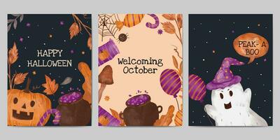 hand dragen halloween kort samling illustration vektor