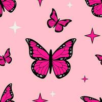 rosa emo mönster med syra rosa och svart fjärilar och stjärnor. vektor mönster i retro stil av de 2000-talet