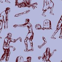 Halloween Zombies Skizzen nahtlos Muster. Ornament von Grabsteine, Gehen tot Menschen, unheimlich Monster, Gräber. Vektor Illustration im retro Gravur Stil.
