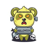 Zombie Panda halten Halloween Gruß Stein. süß Halloween Karikatur Illustration. vektor