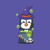 häxa pingvin framställning trolldryck i halloween dag. söt halloween tecknad serie illustration. vektor