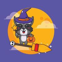 häxa tvättbjörn flyga med kvast i halloween natt. söt halloween tecknad serie illustration. vektor