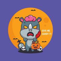 zombie noshörning vilja godis. söt halloween tecknad serie illustration. vektor
