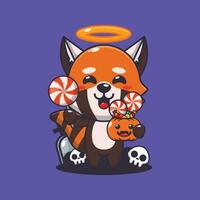 söt ängel röd panda innehav godis i halloween dag. söt halloween tecknad serie illustration. vektor