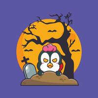 Zombie Pinguin erhebt euch von Friedhof im Halloween Tag. süß Halloween Karikatur Illustration. vektor