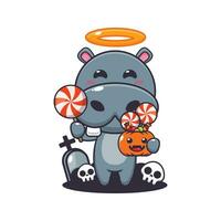 süß Engel Nilpferd halten Süßigkeiten im Halloween Tag. süß Halloween Karikatur Illustration. vektor
