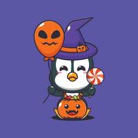 Hexe Pinguin halten Halloween Ballon und Süßigkeiten. süß Halloween Karikatur Illustration. vektor