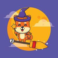 Hexe Shiba inu fliegen mit Besen im Halloween Nacht. süß Halloween Karikatur Illustration. vektor