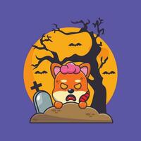 zombie shiba inu stiga från kyrkogård i halloween dag. söt halloween tecknad serie illustration. vektor
