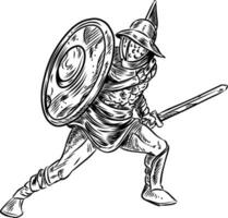 skiss av roman gladiator med svärd och skydda vektor