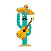 kaktus i sombrero med gitarr. mexikansk karaktär vektor illustration för kort, baner