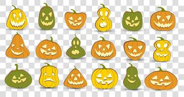 halloween pumpa lykta vektor 18 ikoner uppsättning, känsla variation. enkel platt stil design element. uppsättning av silhuett läskigt Skräck bilder av pumpor. skrämmande Pumpalykta ansiktsbehandling uttryck