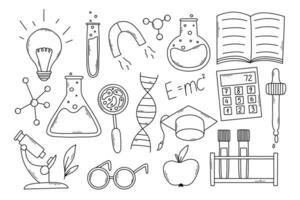 einstellen von Wissenschaft Elemente im Gekritzel Stil. linear Sammlung von wissenschaftlich Elemente Prüfung Rohr, Becherglas, Lupe, Mikroskop, Pipette. Vektor Illustration.