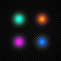 ljus effekt av lins bloss. uppsättning av fyra grön, orange, lila och blå lysande lampor starburst effekter med pärlar på en mörk bakgrund. vektor illustration