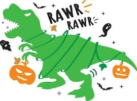 süß Grün Dinosaurier t rex halten ein Kürbis und brüllend zum Halloween Party. umgeben durch Reben, Fledermäuse, und Sterne. Vektor Illustrator.