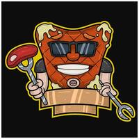 Maskottchen Karikatur von Fleisch Steak mit halten Fleisch und Gabeln. mit leer unterzeichnen. zum Essen, Fleisch, Grill und Rindfleisch Logo. vektor