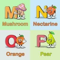 uppsättning av frukt och grönsaker maskot alfabet tecknad serie vektor ikon illustration