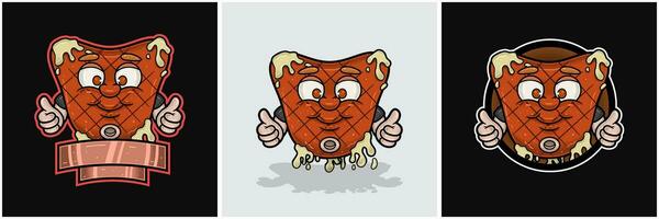 einstellen von Rindfleisch Steak Maskottchen Karikatur mit glücklich Lächeln Gesicht. zum Essen, Fleisch, Grill und Rindfleisch Logo. vektor