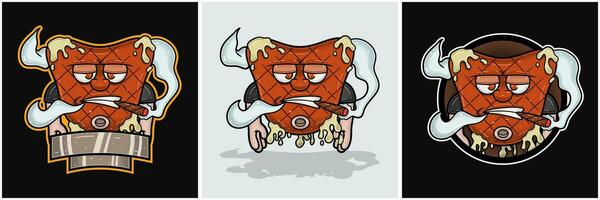 einstellen von Rindfleisch Steak Maskottchen Karikatur mit rauchend. zum Essen, Fleisch, Grill und Rindfleisch Logo. vektor