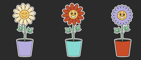 einstellen retro groovig Hippie Blumen im das Stil von 1970. Karikatur Kamille im ein Topf auf ein schwarz Hintergrund. Vektor Illustration