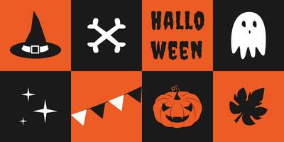 Halloween Urlaub Banner. Vektor Illustration von Collage mit festlich Elemente. Zeichnung von Kürbis, Hexe Hut, Knochen, Geist, Flaggen, Sterne. Urlaub Text Design.