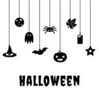 halloween hälsning kort. svart och vit vektor illustration av spöke, pumpa, fladdermus, Spindel, måne, häxans hatt, ljus. Semester design med festlig dekorationer.