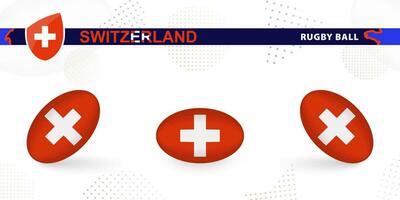 Rugby Ball einstellen mit das Flagge von Schweiz im verschiedene Winkel auf abstrakt Hintergrund. vektor