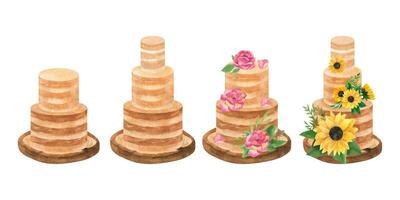 Boho Aquarell geschichtet Kuchen mit Rosen und Sonnenblumen Vereinbarungen auf Holz Scheibe, Hochzeit romantisch Clip Art vektor