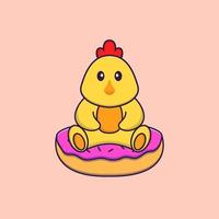 süßes Huhn sitzt auf Donuts. Tierkarikaturkonzept isoliert. kann für T-Shirt, Grußkarte, Einladungskarte oder Maskottchen verwendet werden. flacher Cartoon-Stil vektor