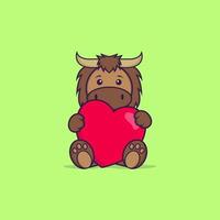 süßer Stier, der ein großes rotes Herz hält. Tierkarikaturkonzept isoliert. kann für T-Shirt, Grußkarte, Einladungskarte oder Maskottchen verwendet werden. flacher Cartoon-Stil vektor