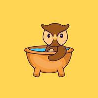 Süße Eule, die ein Bad in der Badewanne nimmt. Tierkarikaturkonzept isoliert. kann für T-Shirt, Grußkarte, Einladungskarte oder Maskottchen verwendet werden. flacher Cartoon-Stil vektor
