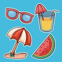 uppsättning av sommar strand klistermärken vattenmelon, paraply, solglasögon och dryck vektor