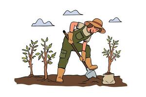 kvinna jordbrukare arbetssätt på en odla. plantering träd och sådd, vektor illustration begrepp av lantbruk