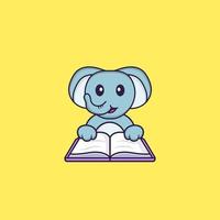 süßer Elefant, der ein Buch liest. Tierkarikaturkonzept isoliert. kann für T-Shirt, Grußkarte, Einladungskarte oder Maskottchen verwendet werden. flacher Cartoon-Stil vektor