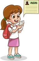 Illustration von ein wenig Mädchen mit ein Smartphone während tragen ein Schule Tasche vektor