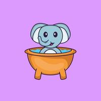 süßer Elefant, der ein Bad in der Badewanne nimmt. Tierkarikaturkonzept isoliert. kann für T-Shirt, Grußkarte, Einladungskarte oder Maskottchen verwendet werden. flacher Cartoon-Stil vektor